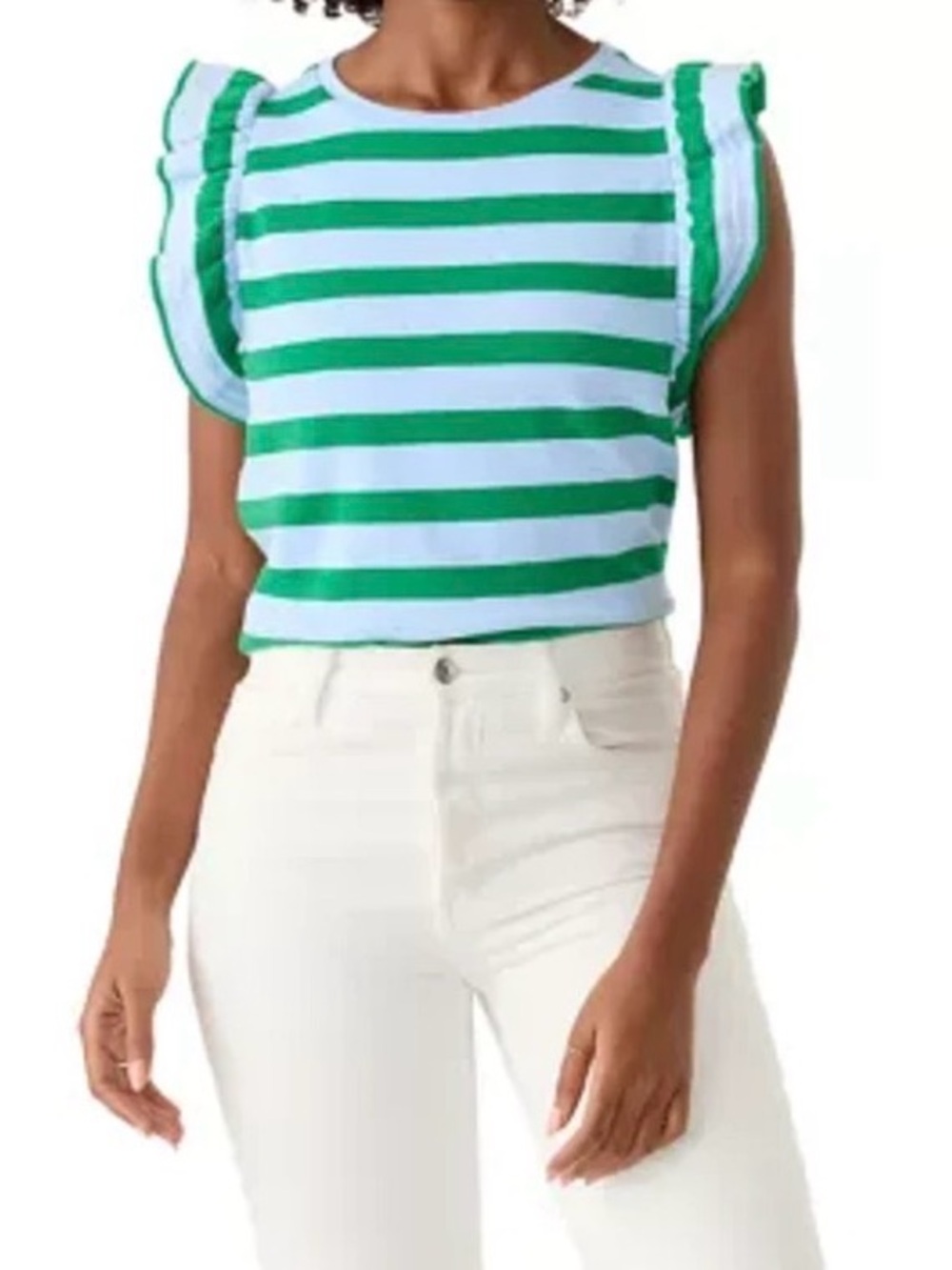 crown & ivy Green and Light Blue Striped Ruffled Sleeve Top